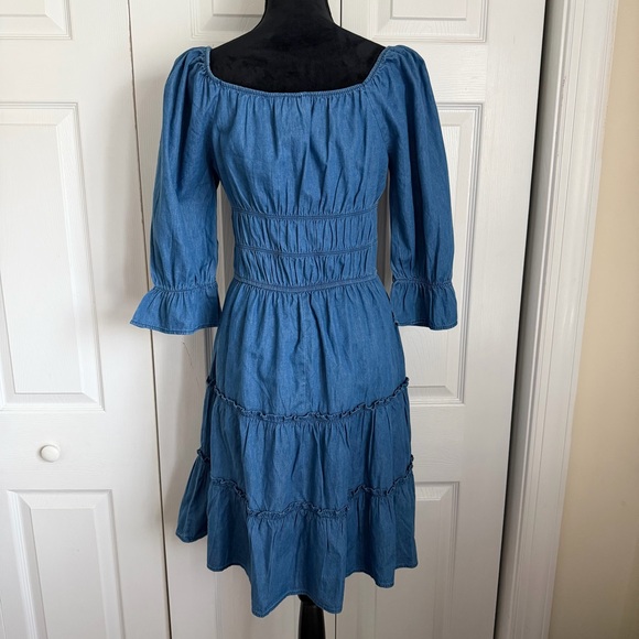 Speed Limit MPH Dress Womens S Blue Chambray Smocked Tiered Ruffle Boho Cottage - Picture 6 of 15